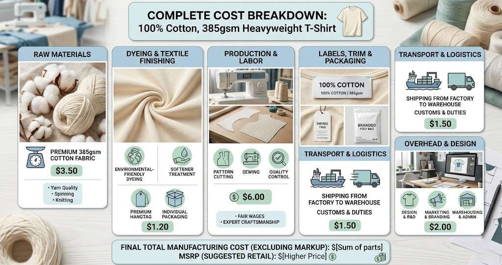 Cost analysis of 100% cotton 385 GSM T-shirt manufacturing including fabric and production factors