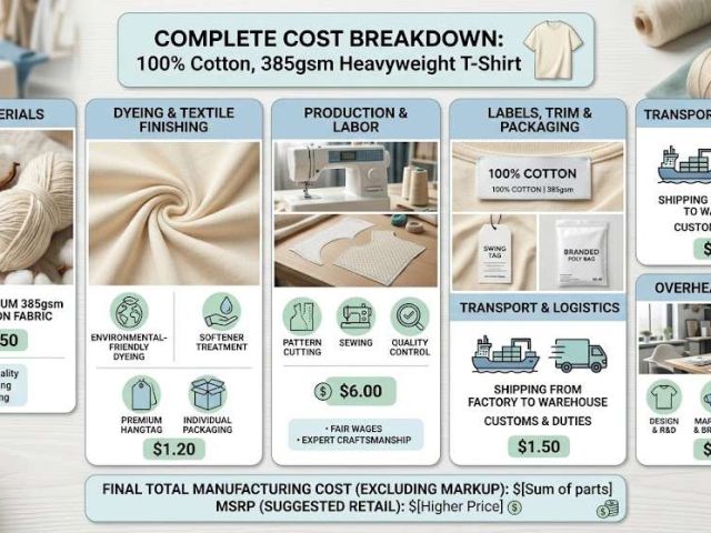 Cost analysis of 100% cotton 385 GSM T-shirt manufacturing including fabric and production factors
