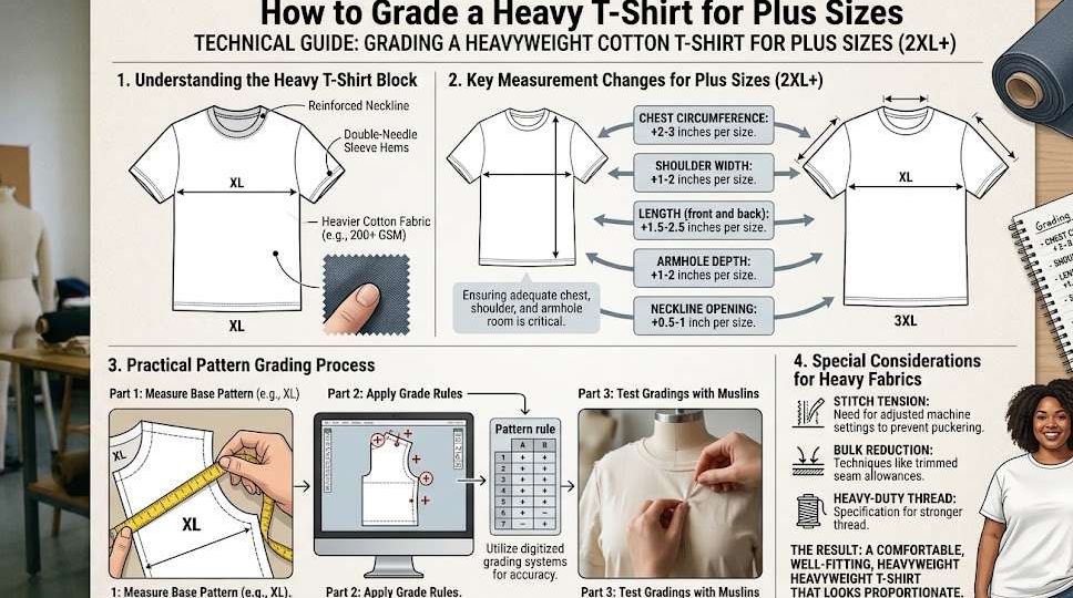 Body length grading details for comfortable plus size t-shirt fitting