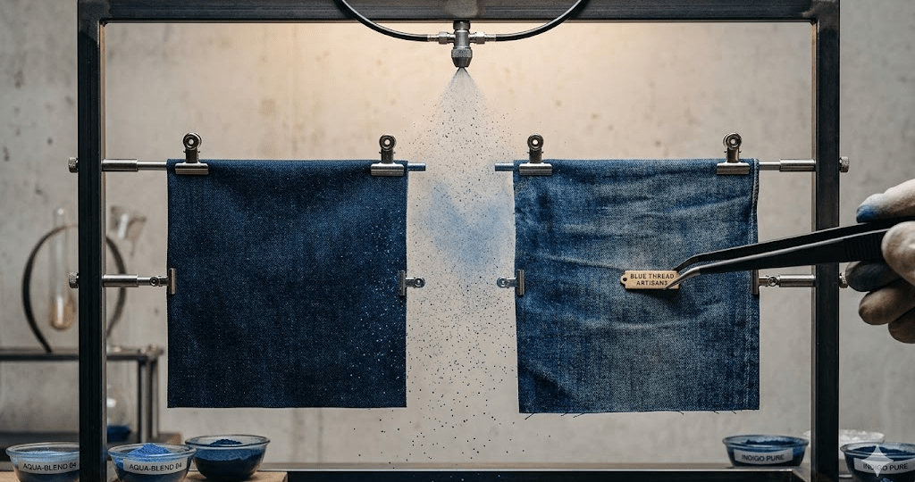 Close-up of waterproof denim fabric with water droplets beading on the surface after DWR treatment