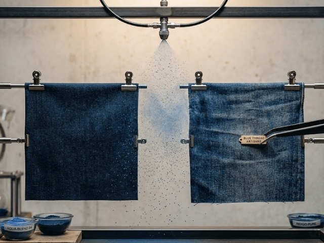Close-up of waterproof denim fabric with water droplets beading on the surface after DWR treatment