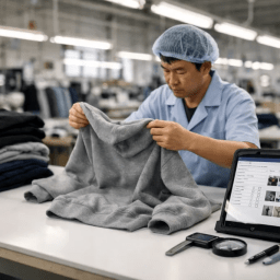 Quality control team inspecting knit garments using professional standards