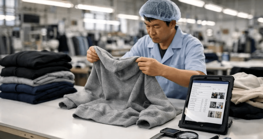 Quality control team inspecting knit garments using professional standards