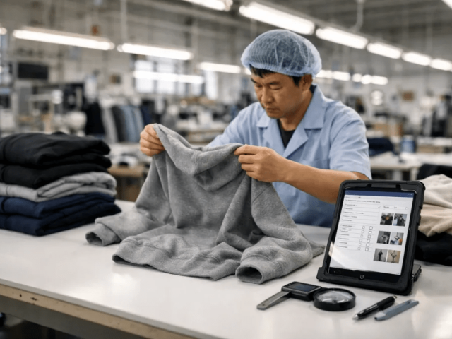 Quality control team inspecting knit garments using professional standards