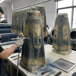 Laser and hand distressing techniques for fashionable denim skirt production