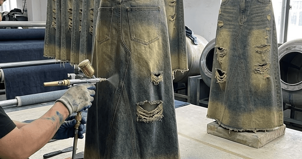 Laser and hand distressing techniques for fashionable denim skirt production