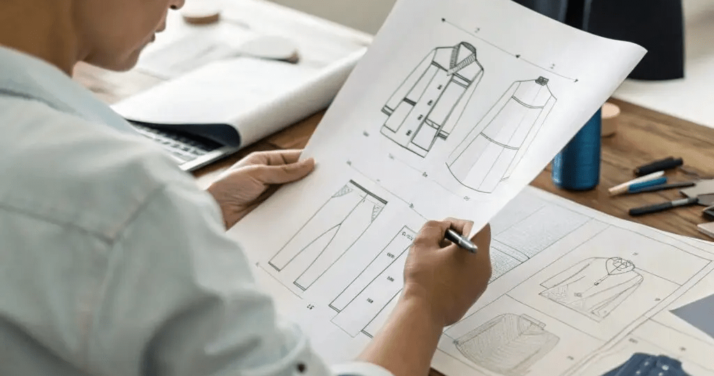 Garment technical flat sketches showing front back and construction details for factory production