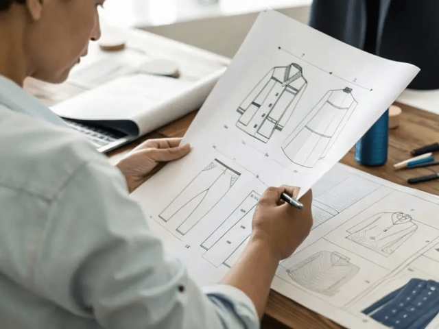 Garment technical flat sketches showing front back and construction details for factory production