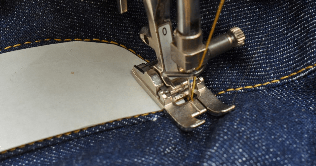 Jeans sewing process assembling panels with professional construction techniques