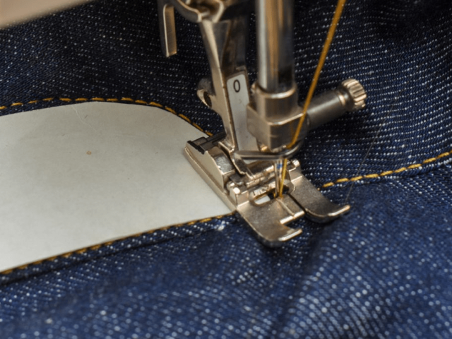 Jeans sewing process assembling panels with professional construction techniques
