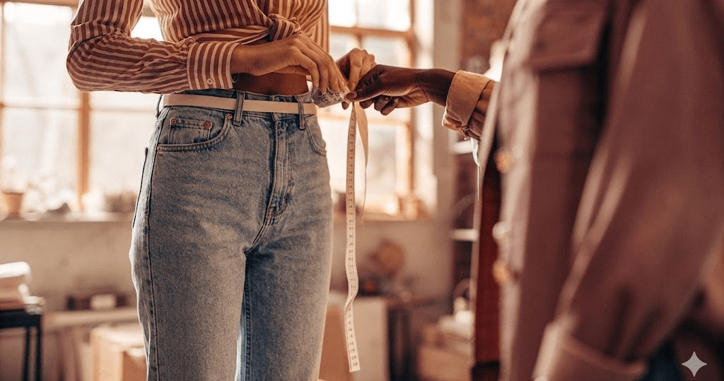 Female denim jeans fitting test to evaluate crotch balance and silhouette