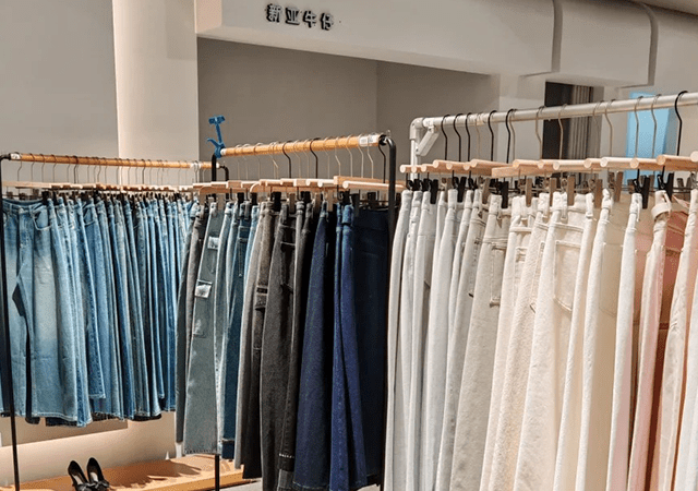 Fashion model wearing extra long stacked jeans demonstrating today's oversized denim trend