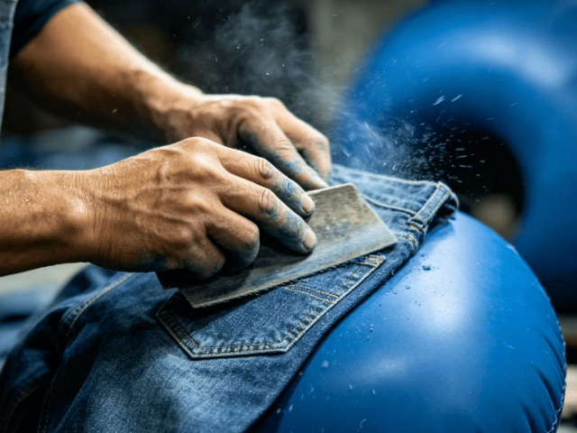 Close-up view of denim surface texture after different washing treatments