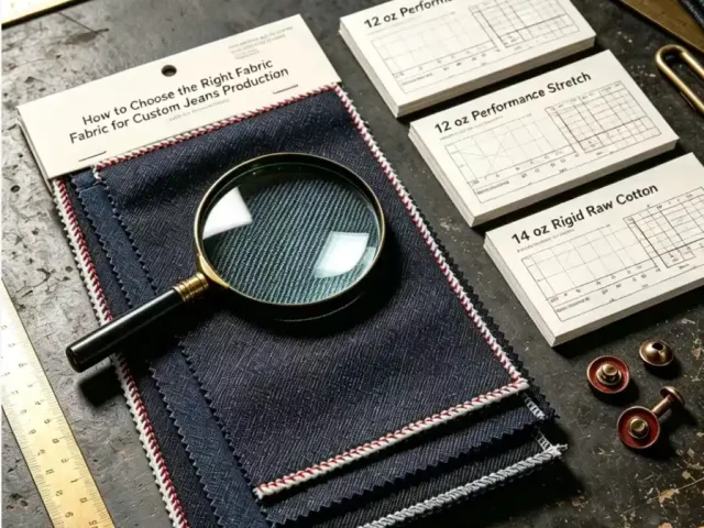 Denim fabric selection process for custom jeans manufacturing in professional garment factory