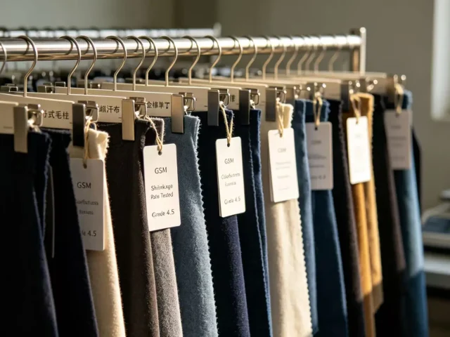 Clothing sampling process showing sample evaluation in garment manufacturing factory