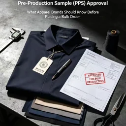 Apparel brand preparing for bulk clothing order with manufacturer consultation process