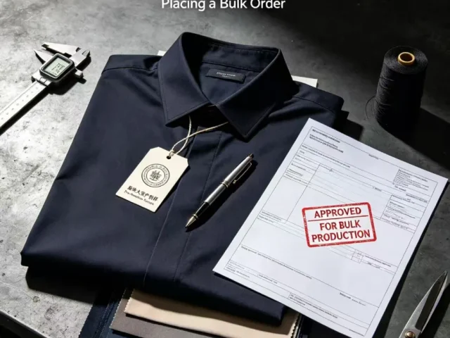 Apparel brand preparing for bulk clothing order with manufacturer consultation process