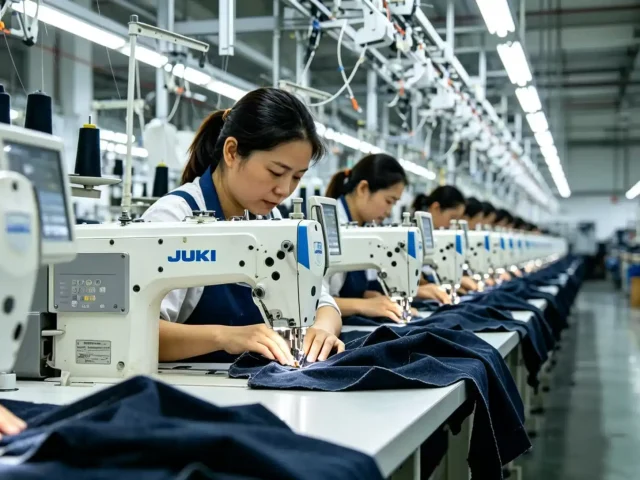 Fashion brand owner discussing clothing manufacturer selection with production samples