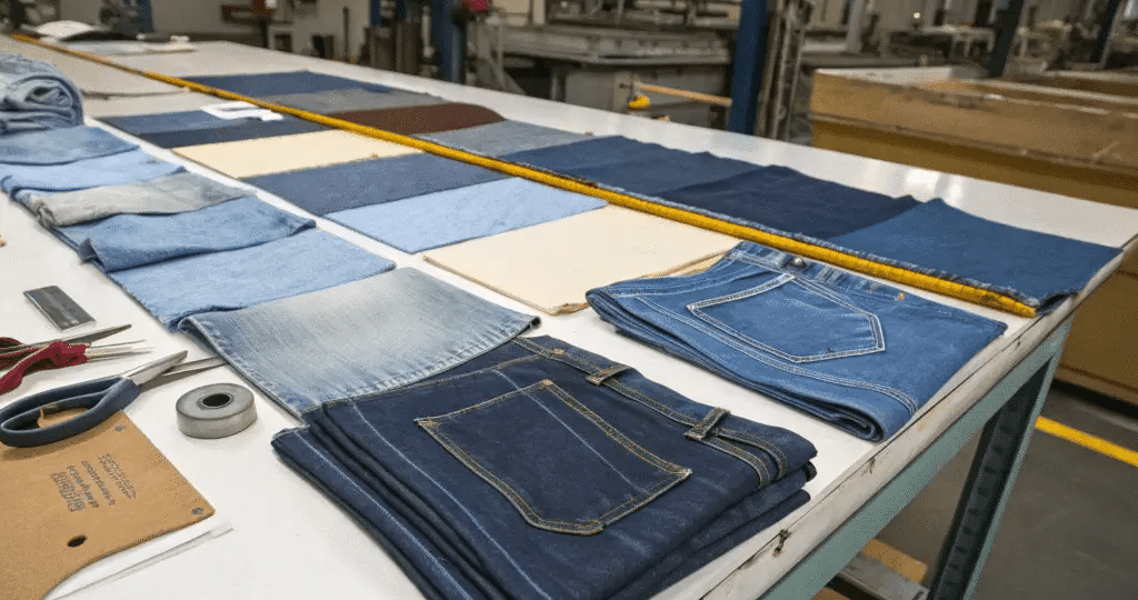 Denim wash technique illustration showing stone wash and enzyme wash effects