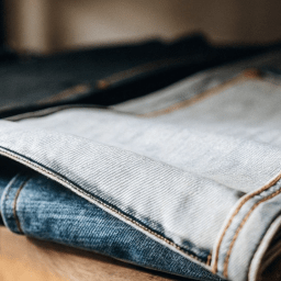 Clean and reinforced chain stitching on the inseam of premium raw denim jeans showcasing expert apparel manufacturing