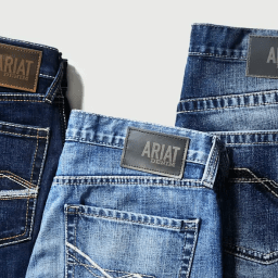 Ariat denim brand logo and product showcasing premium jeans collection