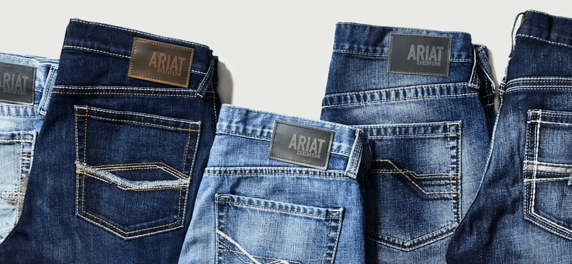 Ariat denim brand logo and product showcasing premium jeans collection