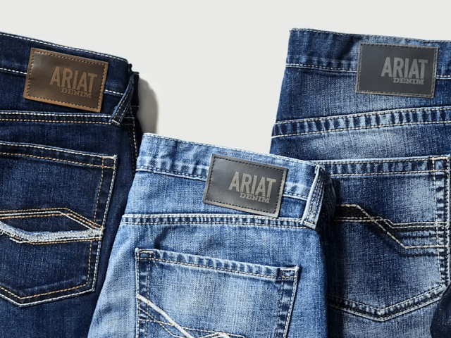 Ariat denim brand logo and product showcasing premium jeans collection
