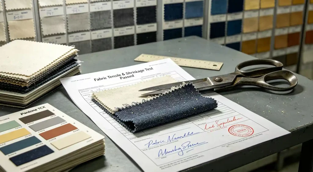 Fabric sourcing process showing material selection for international clothing production