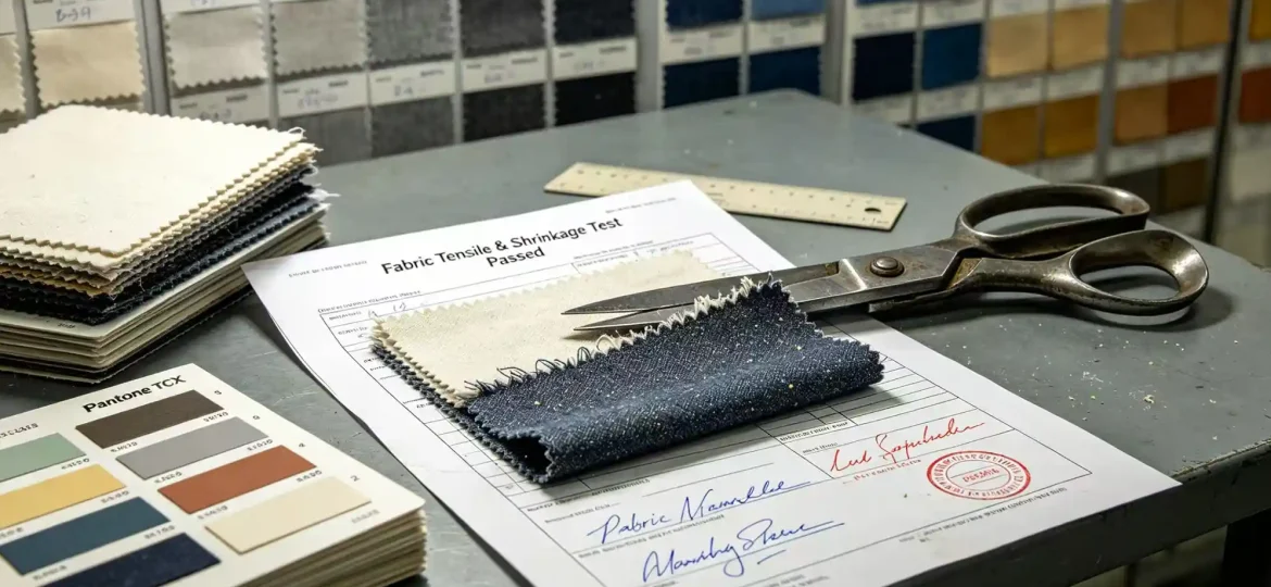 Fabric sourcing process showing material selection for international clothing production