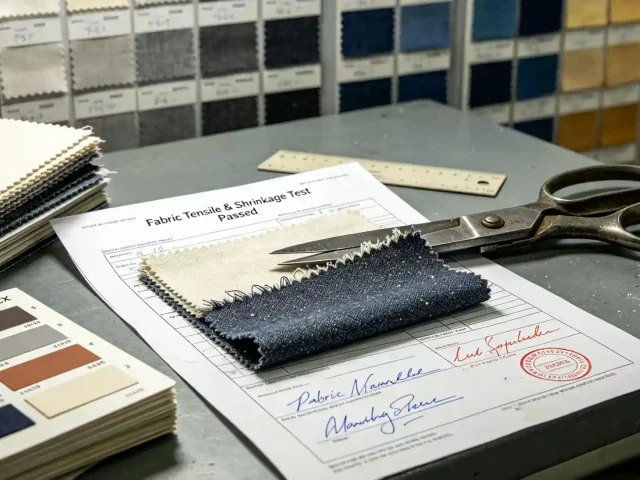 Fabric sourcing process showing material selection for international clothing production