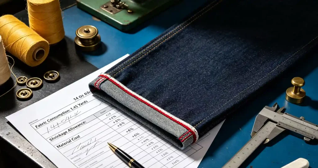 Skilled workers sewing denim jeans with industrial garment manufacturing equipment