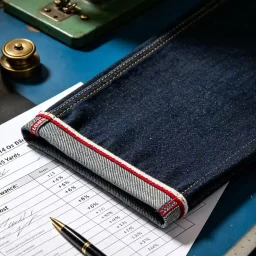 Skilled workers sewing denim jeans with industrial garment manufacturing equipment