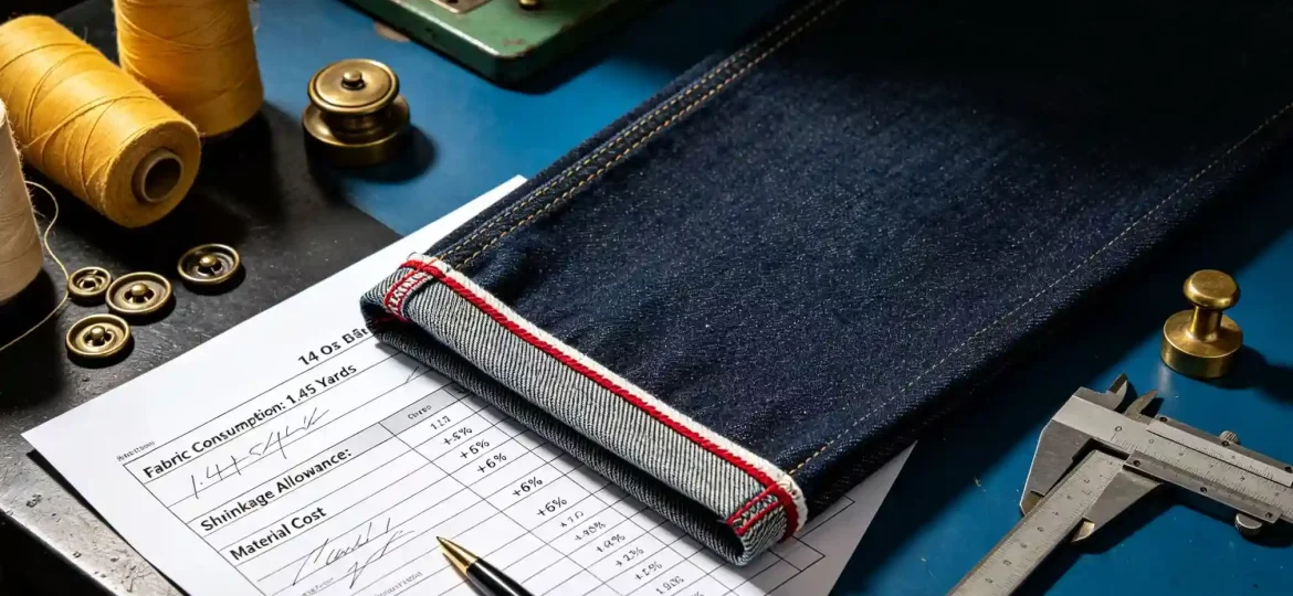 Skilled workers sewing denim jeans with industrial garment manufacturing equipment