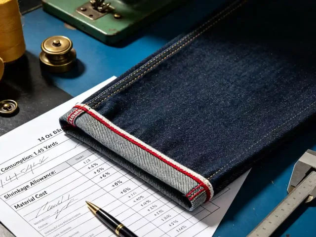 Skilled workers sewing denim jeans with industrial garment manufacturing equipment
