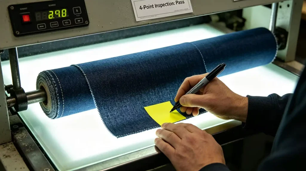 Fabric inspection process checking material quality, color consistency and textile defects