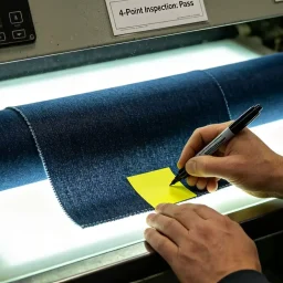Fabric inspection process checking material quality, color consistency and textile defects