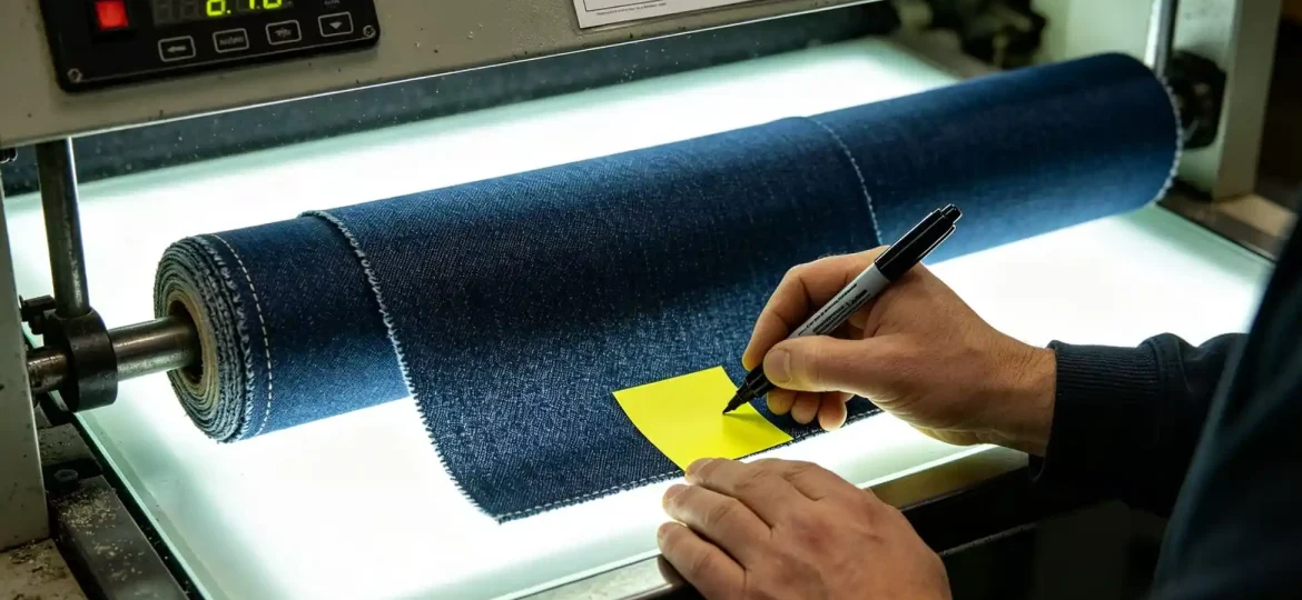 Fabric inspection process checking material quality, color consistency and textile defects