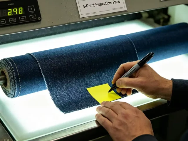 Fabric inspection process checking material quality, color consistency and textile defects