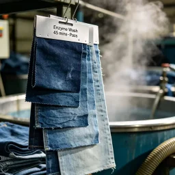 Various denim fabric shades displaying indigo blue washes and garment dyeing possibilities