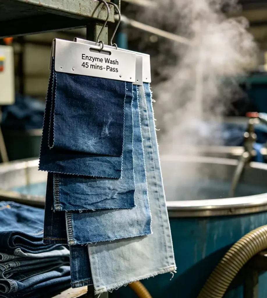 Various denim fabric shades displaying indigo blue washes and garment dyeing possibilities