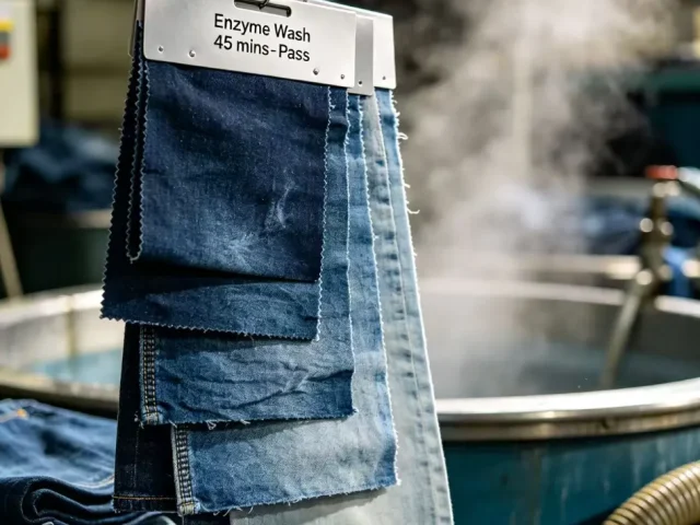 Various denim fabric shades displaying indigo blue washes and garment dyeing possibilities