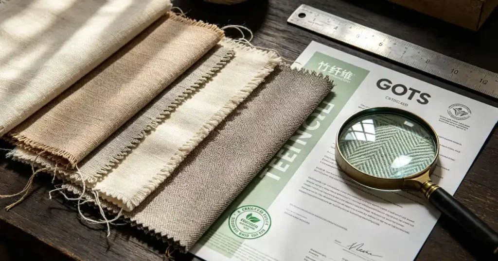 Collection of sustainable fabrics including organic cotton, recycled polyester, bamboo and TENCEL™ textiles