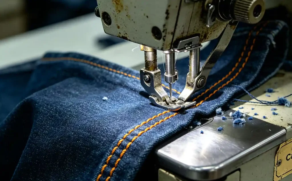 Skilled workers sewing denim panels for premium jeans manufacturing