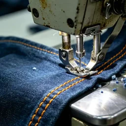 Skilled workers sewing denim panels for premium jeans manufacturing