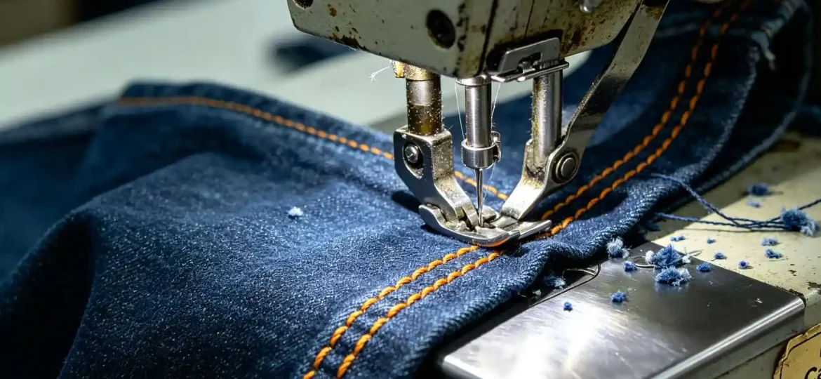 Skilled workers sewing denim panels for premium jeans manufacturing