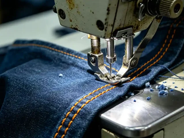 Skilled workers sewing denim panels for premium jeans manufacturing