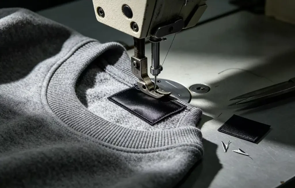 Custom woven brand label attached to garment showing private label clothing customization capability