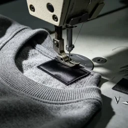 Custom woven brand label attached to garment showing private label clothing customization capability