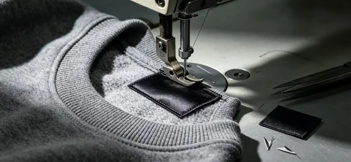 Custom woven brand label attached to garment showing private label clothing customization capability