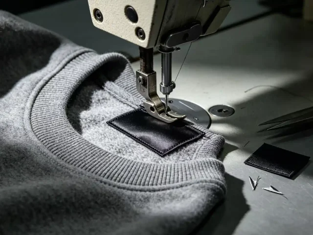 Custom woven brand label attached to garment showing private label clothing customization capability